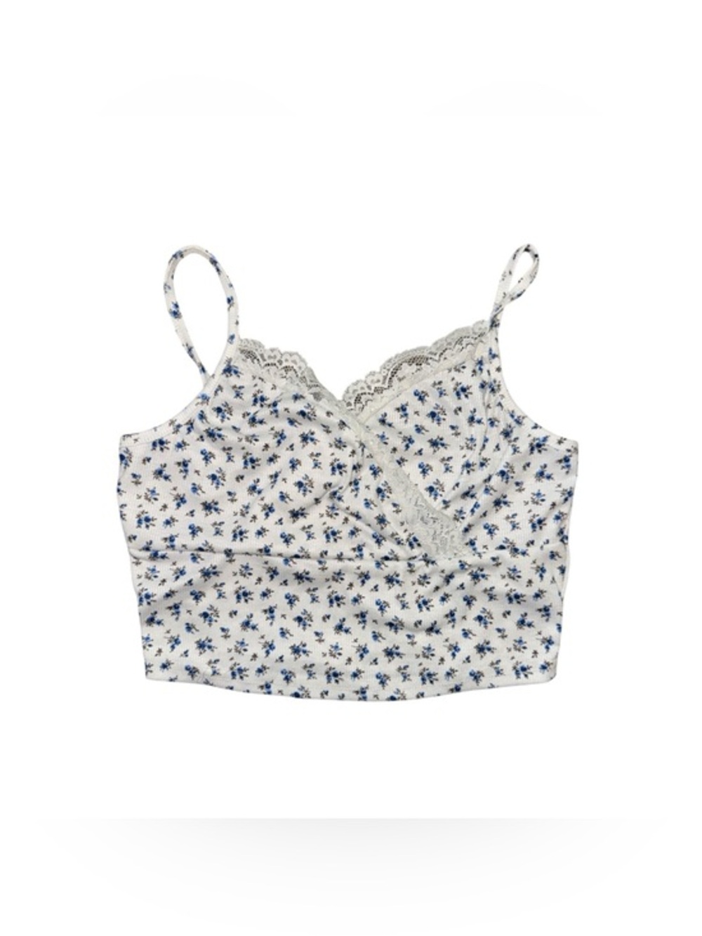 SHEIN White Crop Top Cami Tee with Blue Floral Print Cottage-core Summer Casual